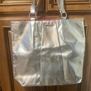 CLINIQUE Silver Metallic Faux Leather Tote